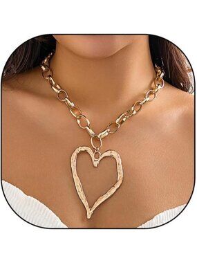 Women's Big Golden Chunky Gold Heart Necklace Y2kBig Puffy Heart Statement Chain
